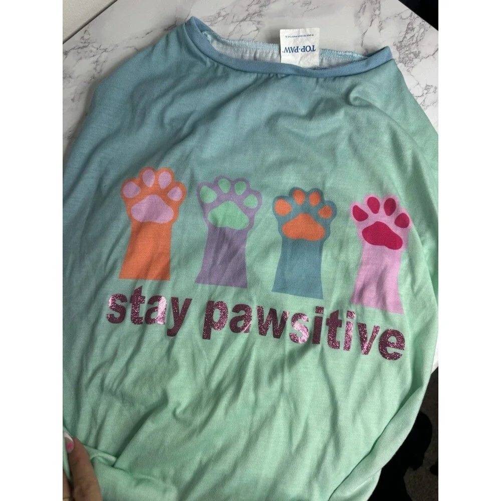 Top Paw Shop Pawsitive Dog T-Shirt XL Cotton Blend Stretch, Blue/Green Paw Theme